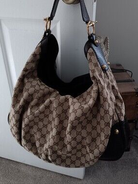 Gucci Beige & Brown GG Canvas Hobo Bag with Dark Brown Leather Trim